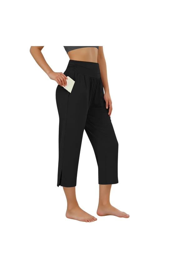 Summer Pants for Women Solid Color Elastic Waist Yoga Capris with Pocket Loose Casual Straight Capris Pants Plus Size Womens Clothing Black B M