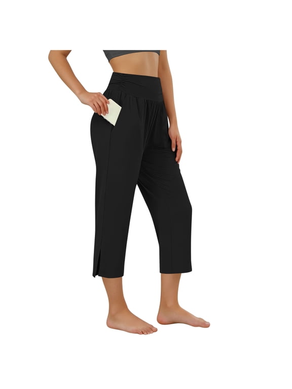 Summer Pants for Women Solid Color Elastic Waist Yoga Capris with Pocket Loose Casual Straight Capris Pants Plus Size Womens Clothing Black B XXL