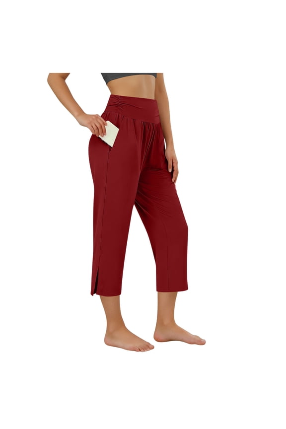 Summer Pants for Women Solid Color Elastic Waist Yoga Capris with Pocket Loose Casual Straight Capris Pants Plus Size Womens Clothing Wine B S