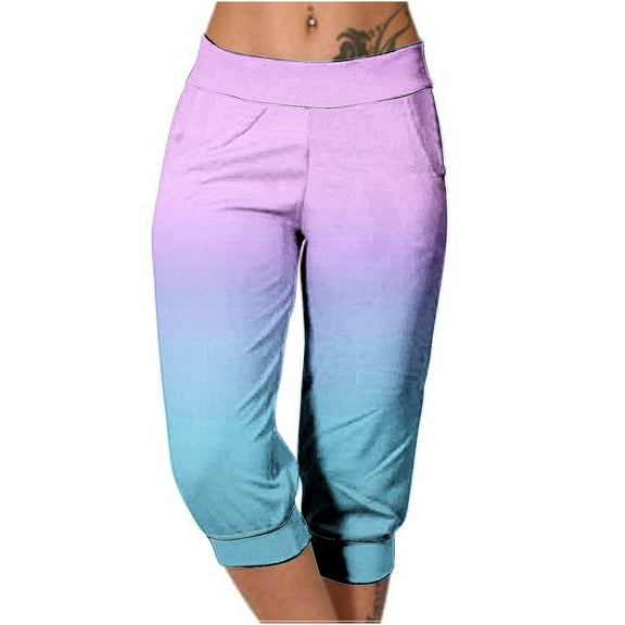 Stamzod Summer Pants for Women Fashion Gradient Printing Elastic Waist Capris Daily Casual Loose Cropped Pants for Women Purple B M