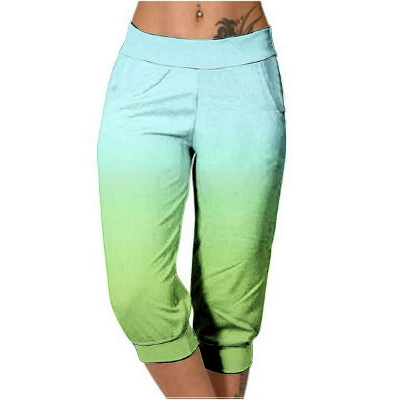 Stamzod Summer Pants for Women Fashion Gradient Printing Elastic Waist Capris Daily Casual Loose Cropped Pants for Women Sky Blue B M