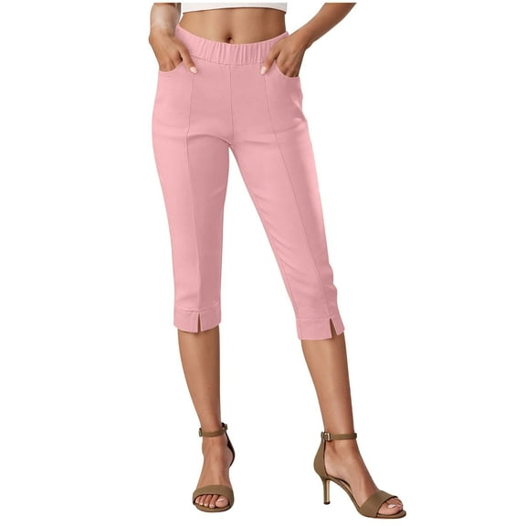 Stamzod Summer Pants for Women Fashion Solid Color Slim Fit Work Capris Casual Stretch Straight Capri Leggings for Women with Pockets Pink B XL
