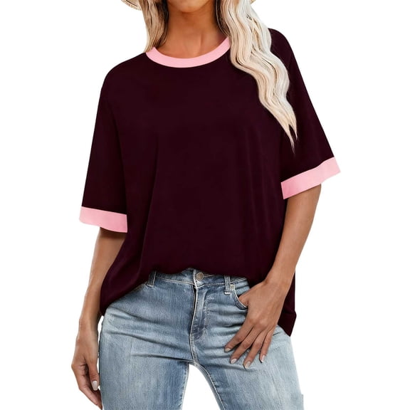 Stamzod Summer Plain T Shirts for Women Patchwork Crewneck Short Sleeve Pullover Tee Tops Spring Loose Casual Tshirts Shirts for Women Coffee B XXXXL