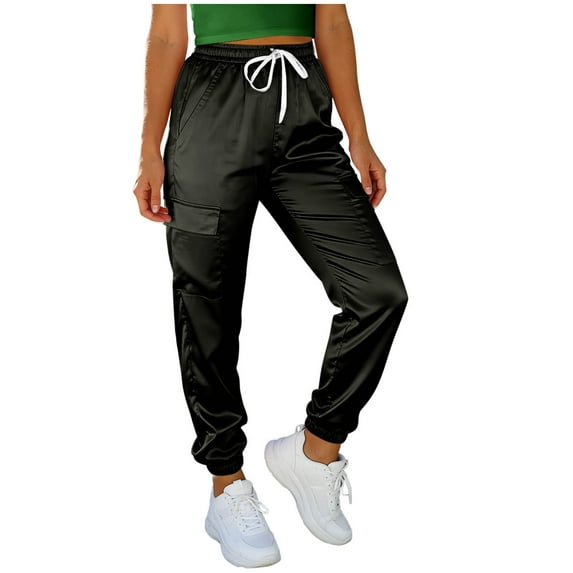 Stamzod Summer Satin Cargo Pants Women Solid Color Casual Lightweight Joggers with Pocket Workout Jogging Pants for Women Black XXL