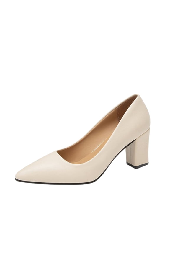 Korean Style Fashion High Heel Shoes Pointed Toe Thick Heel Shallow Mouth Single Shoes Women Beige 38