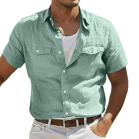 Stamzod Summer Shirts Casual Solid Color Button Down Shirt Short Sleeve Tropical Beach Vacation Tops with Pocket Oversized Shirt Men Green M