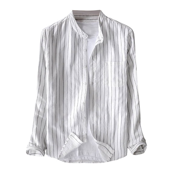 Stamzod Summer Shirts for Men Fashion Strip Printed Long Sleeve Button Down Shirt Men Loungewear Casual Loose Cotton and Linen Shirts for Men White S