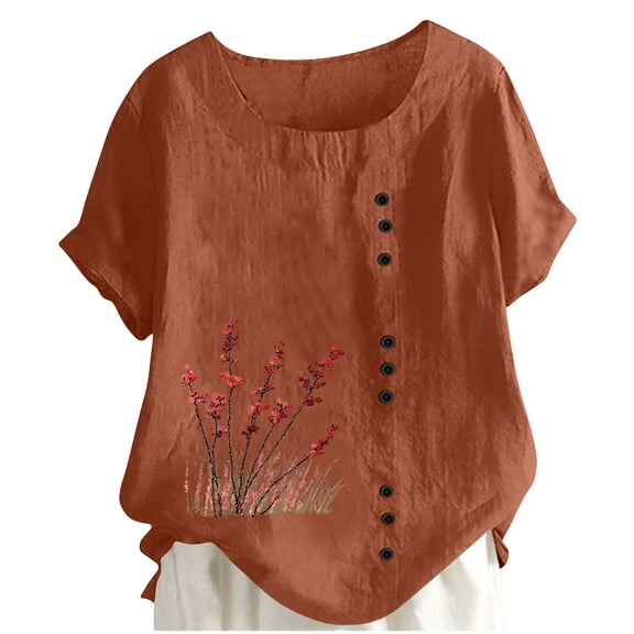 Stamzod Summer Shirts for Women Trendy 2026 Short Sleeve Beach Vacation Shirt Crew Neck Loose Casual Tops for Women Brown B XXL