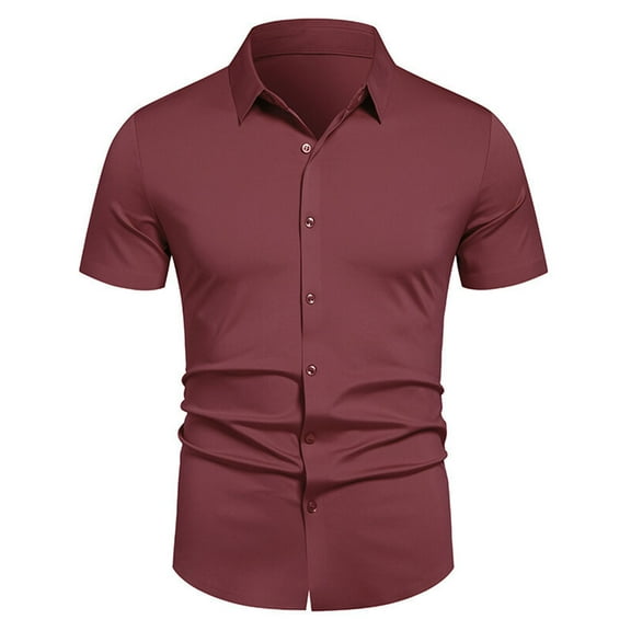 Stamzod Summer Slim Fit Men's Short Sleeve Button Down Shirt Casual Lightweight Soloid Color Business Shirts Red L