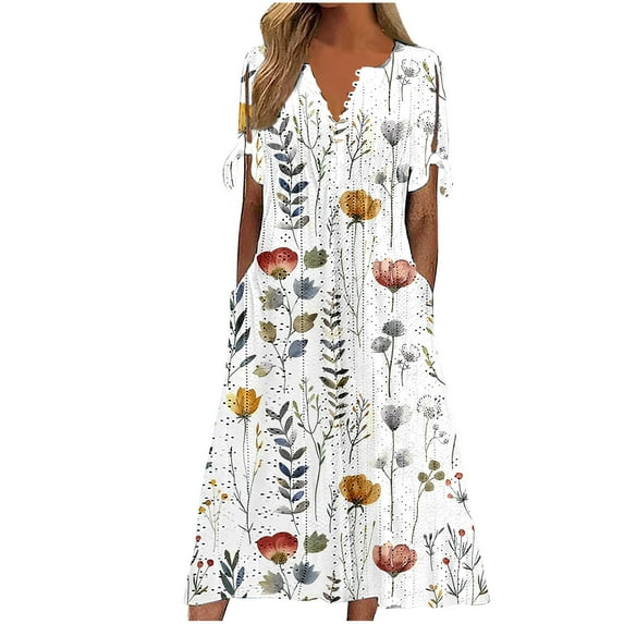 Stamzod Summer Sun Dresses for Women 2025 Vacation Beach Midi Dresses with Button V Neck Short Sleeve Boho Dress Casual Oversized Floral Dress for Women White S