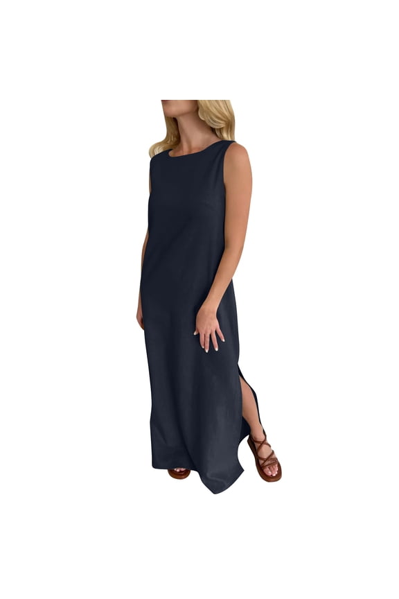 Summer Sun Dresses Women 2026 Solid Color Round-Neck Long Dress Sleeveless Split Beach Dresses for Women Navy C XL