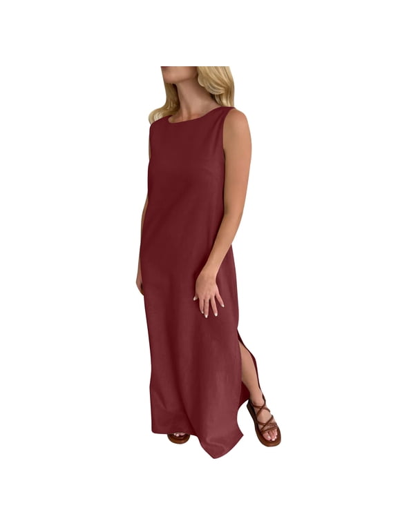 Summer Sun Dresses Women 2026 Solid Color Round-Neck Long Dress Sleeveless Split Beach Dresses for Women Wine C M