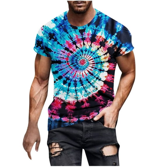 Stamzod Summer Tops for Men Fashion Vintage Tie-Dyeing Short Sleeve Pullover Tshirts Casual Fitness Plus Size Tshirts Shirts for Men Light Blue XL