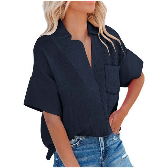 Stamzod Summer Tops for Women 2025 Fashion Solid Color Cotton and Linen Turndown Blouses Daily Causal Loose Short Sleeve Button Down Shirts for Women Navy S