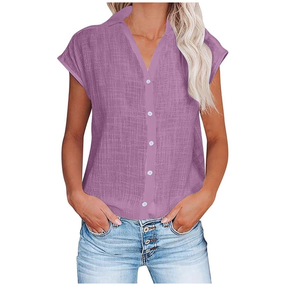 Stamzod Summer Tops for Women Fashion Solid Color Cap Sleeve Button Up Shirt Women Loungewear Casual Loose Beach Shirts for Women Purple S