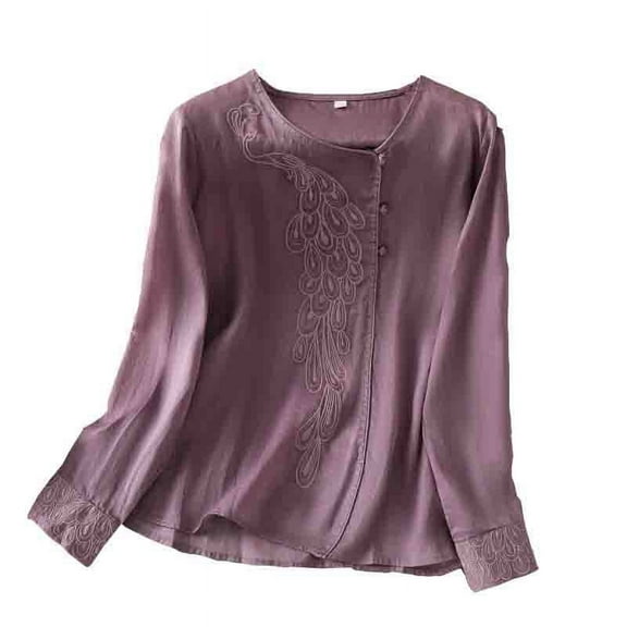 Stamzod Summer Tops for Women Fashion Vintage Solid Color Crewneck Embroidered Floral Top Summer Casual Long Sleeve Shirts for Women Purple-3 L
