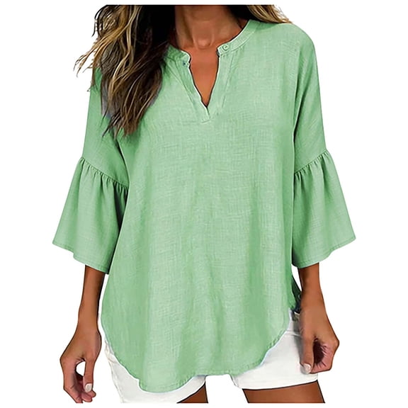 Stamzod Summer Tops for Women Solid Color Ruffle Cotton Linen Shirts Spring 3/4 Length Sleeve V-Neck Blouses for Women Green L