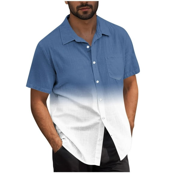Stamzod Summer Tops&nbsp;for&nbsp;Men Hawaiian Lightweight Short Sleeve Beach Shirt with Pocket Casual Gradient Printing Button Down Shirts Plus Size Shirts for Men Dark Blue M