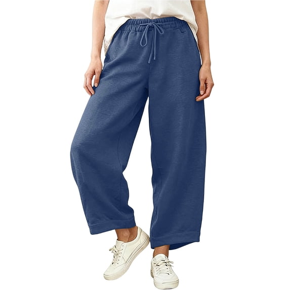 Stamzod Summer Wide Leg Sweatpants Women Casual Loose Straight Beach Pants Solid Color Travel Pants with Pocket Womens Vacation Outfits Blue M
