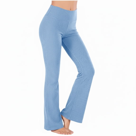 Stamzod Summer Yoga Pants Women Solid Color Ribbed Knit High Waisted Leggings Casual Bootcut Gym Workout Leggings Womens Plus Size Clothes Light Blue S