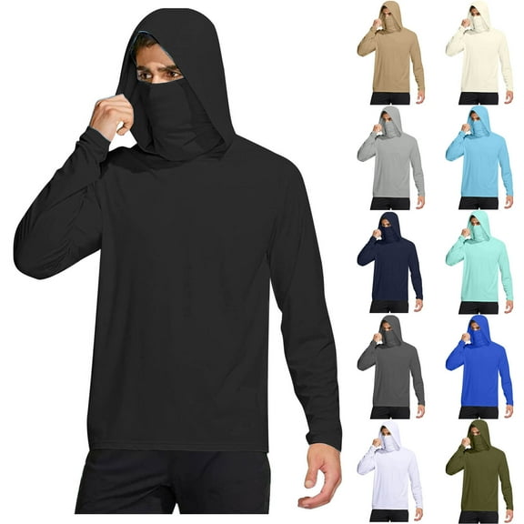 Stamzod Sun Protection Hoodies for Men Long Sleeve Thin Sweatshirts Solid Breathable Lightweight Fishing Shirts with Face Mask Black XXL