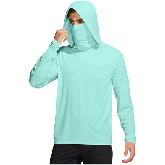 Sun Protection Hoodies for Men Long Sleeve Thin Sweatshirts Solid Color Breathable Lightweight Fishing Shirts with Face Mask Light Blue XL