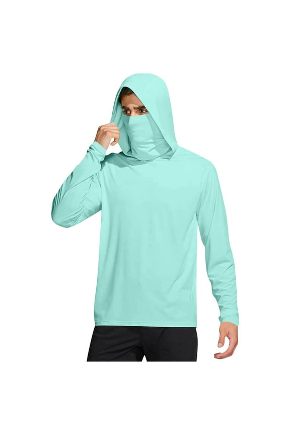 Sun Protection Hoodies for Men Long Sleeve Thin Sweatshirts Solid Color Breathable Lightweight Fishing Shirts with Face Mask Light Blue XL