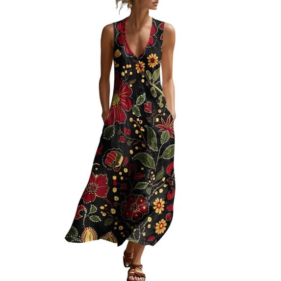 Stamzod Sundresses for Women Over 50 Summer Maxi Dress Sleeveless Casual Long Dresses Vacation Beach Travel Outfits Multicolor Y L