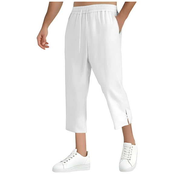 Stamzod Sweatpants for Men Fashion Solid Color Stretch Waist Vacation Beach Cropped Pants Casual Loose Summer Pants for Men White XL
