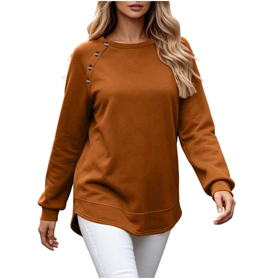 Stamzod Sweatshirt for Women Dressy Casual Long Sleeve Button Tunic Tops Fall Fashion 2026 Raglan Crewneck Sweatshirts Women Brown XL