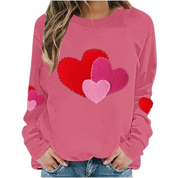 Stamzod Sweatshirt for Women Valentine's Day Lover Heart Long Sleeve Shirts Loose Casual Crew Neck Sweatshirts Women Valentines Blouses Hot Pink B S