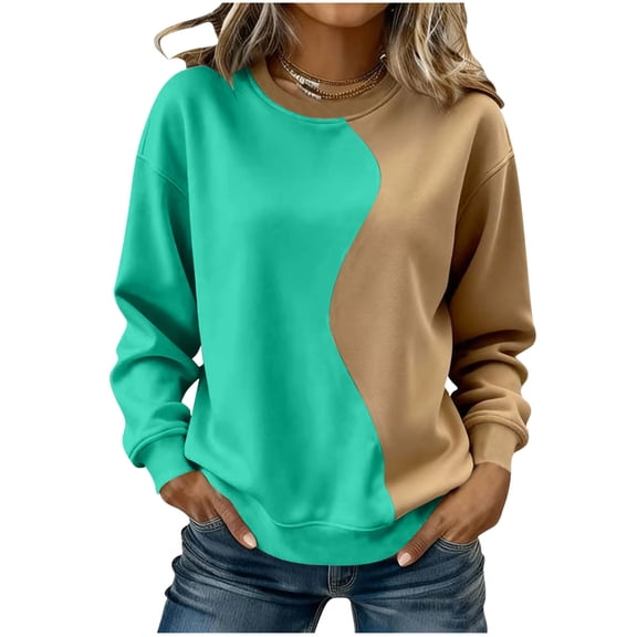 Stamzod Sweatshirts for Women Trendy 2026 Long Sleeve Patchwork Pullover Tops Loose Casual Crewneck Sweatshirt Plus Size Clothes for Women Green B XL