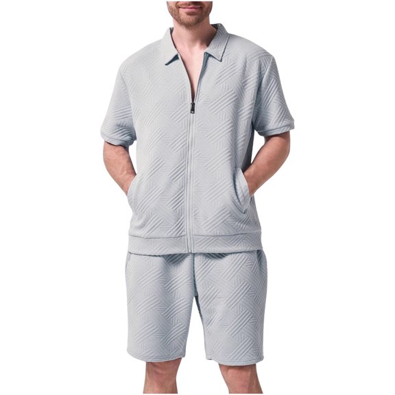 Stamzod Sweatsuits for Men 2 Piece Set Solid Color Short Sleeve Turndown Shirts and Shorts Casual Loose Oversized Summer Outfits for Men Gray S