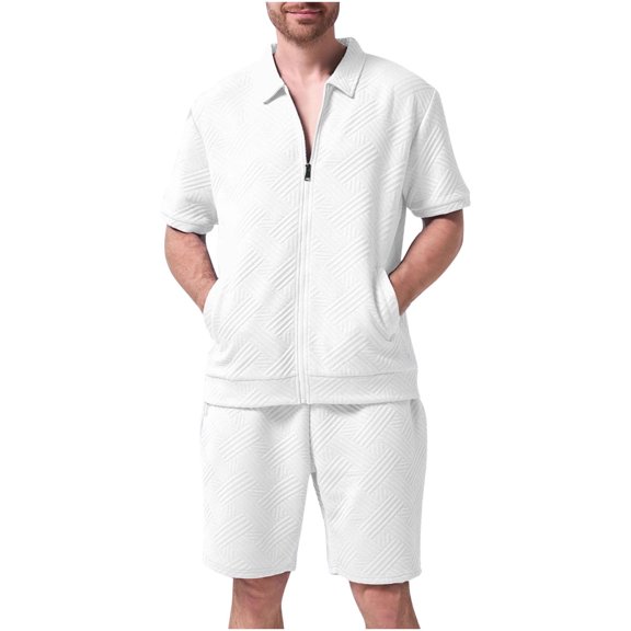 Stamzod Sweatsuits for Men 2 Piece Set Solid Color Short Sleeve Turndown Shirts and Shorts Casual Loose Oversized Summer Outfits for Men White XL
