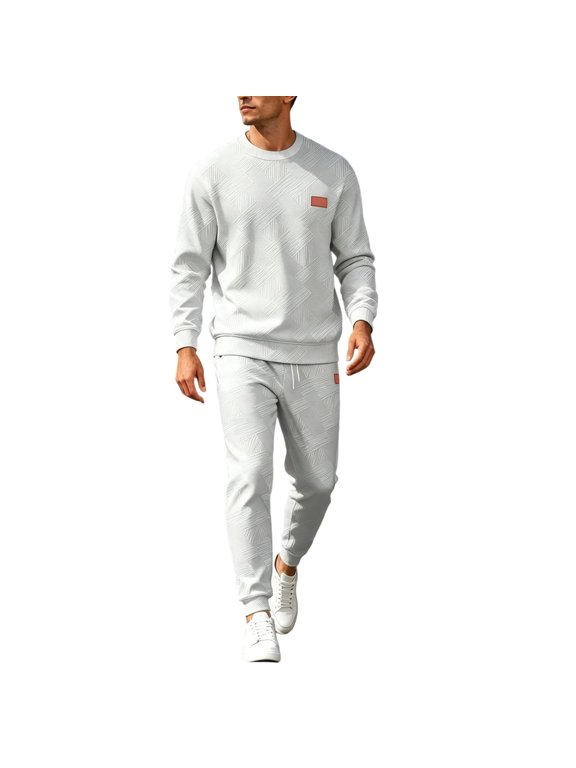 Sweatsuits for Men Fall Fashion Textured Track Suit 2 Piece Long Sleeve Crewneck Sweatshirt Jogging Suits Activewear L