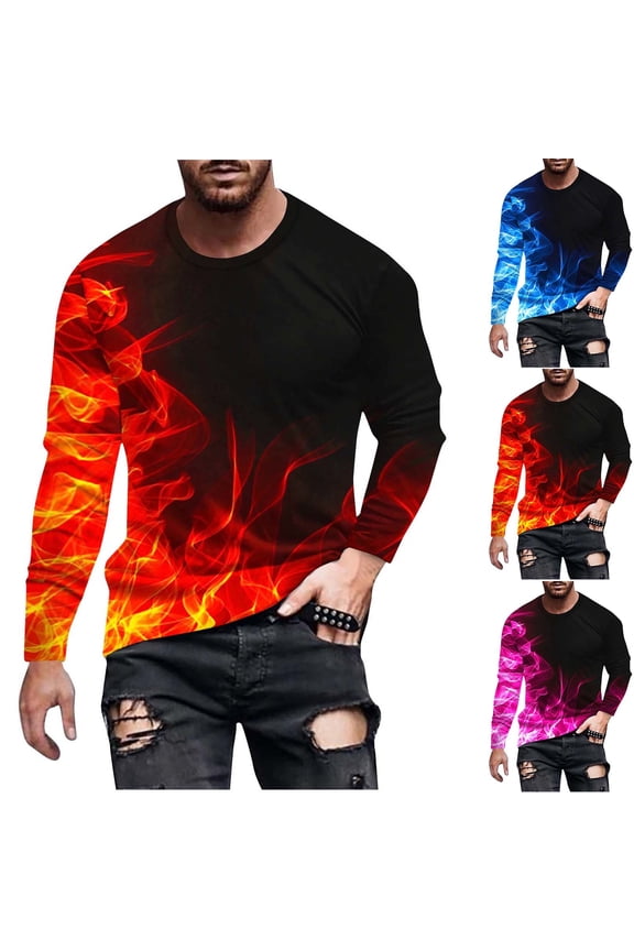 T Shirts for Man Fashion Flame Printed Round Neck Long Sleeve Shirt Casual Loose Fit Oversized Gym Shirts for Men Pink B L