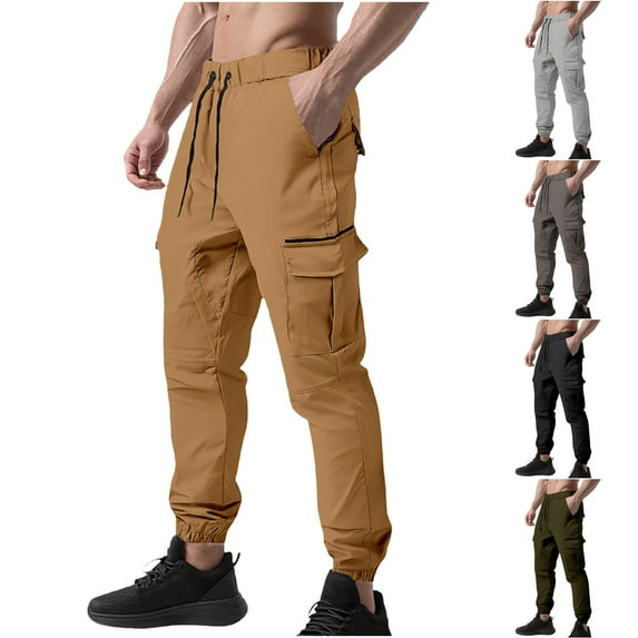 Stamzod Tactical Cargo Pants for Men Solid Color Elastic Waist Athletic Cargo Joggers Men Casual Gym Sweatpants with Pockets Gray D L