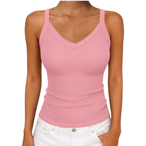 Stamzod Tank Tops for Women Spaghetti Strap V-Neck Ribbed Top Slim Fitted Soft Camisole Basic Layering Shirts Pink M