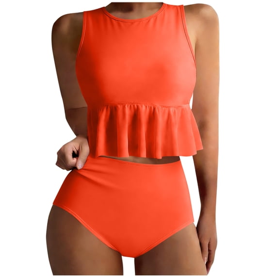 Stamzod Tankini Swimsuits for Women Ruffled Tank Top Tummy Control Bathing Suit High Waisted Bikini Modest Swimwear Orange XXL