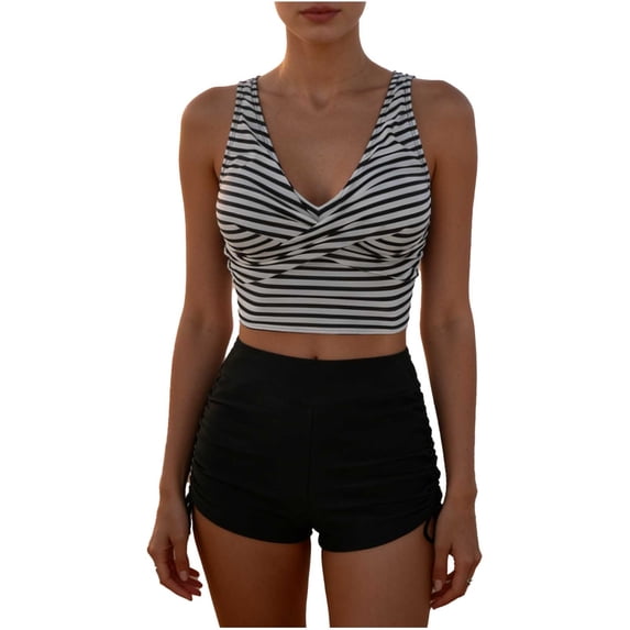Stamzod Tankini Swimsuits for Women Tummy Control Front Cross Bathing Suits Two Piece Striped Tankini Tops with Shorts Swimwear Black L