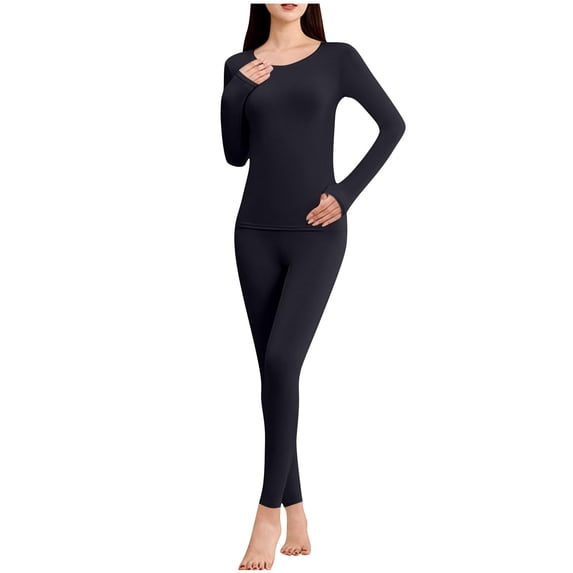 Stamzod Thermals for Women Solid Color Seamless Long Sleeve Shirt Slim Fit Long Underwear Women Sleepwear Casual Warm Base Layer Black D M