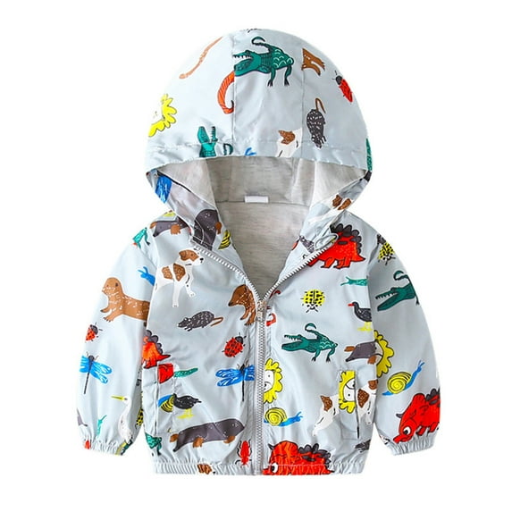 Stamzod Toddler Boys Girls Hooded Jacket Cartoon Print Zip Lightweight Kids Coats Windbreaker Long Sleeve Casual Outerwear with Pockets on Clearance