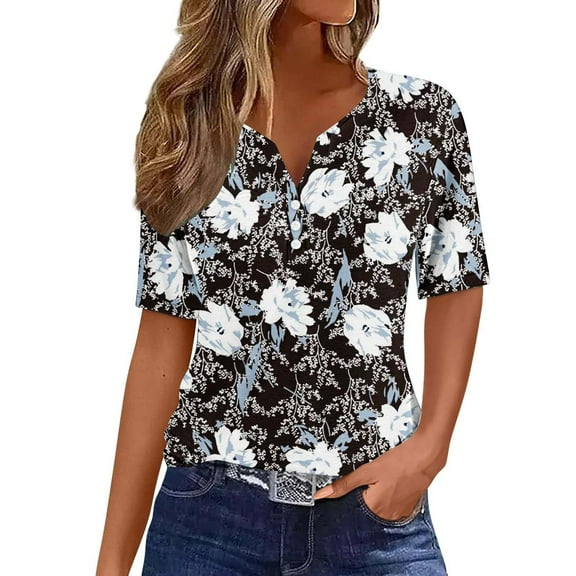 Stamzod Tops for Women Trendy Floral Printed V Neck Short Sleeve Pullover Blouse Casual Loose Plus Size Tops for Women Black XXL
