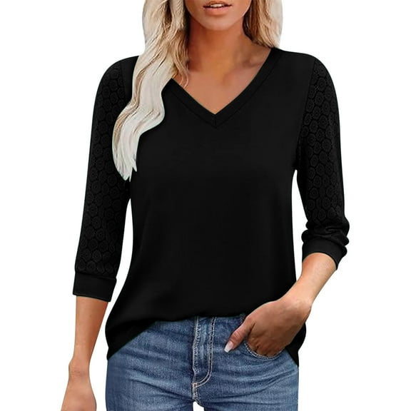 Stamzod Tops for Women Trendy Solid Color V Neck 3/4 Length Sleeve Womens Tops Summer Casual Loose Fit Blouses for Women Black-1 XXL