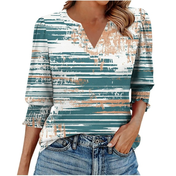 Stamzod Tops for Women Trendy Summer V Neck 3/4 Length Sleeve Printed Top Loungewear Casual Loose Spring Tops for Women Blue B XXL