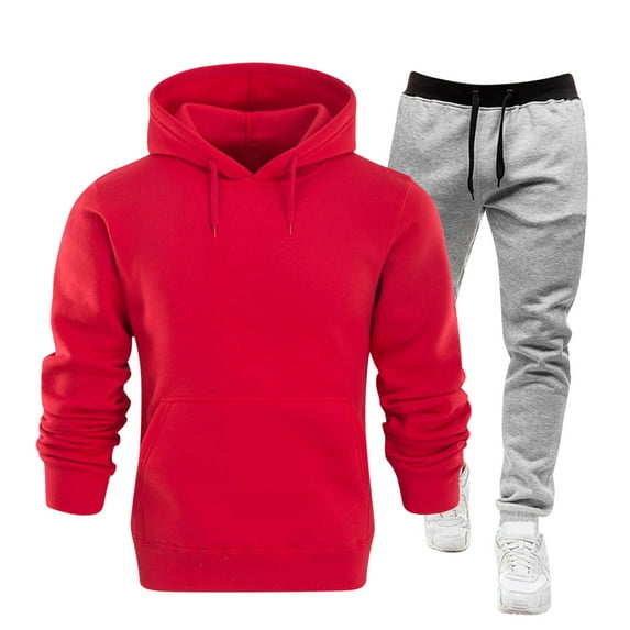 Stamzod Track Suits Mens Long Sleeve 2 Piece Active Hoodies Set Solid Color Sports Sweatshirt and Sweatpants Casual Plus Size Sweatsuits for Men with Pocket Red S