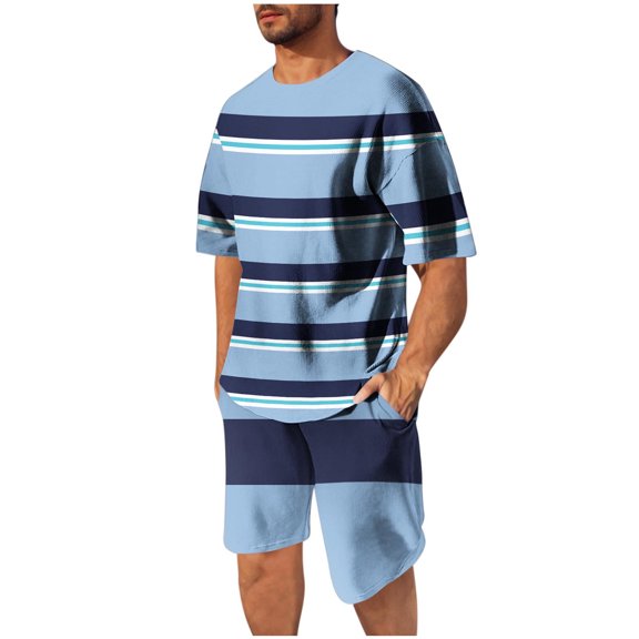 Stamzod Track Suits Mens Two Piece Strip Printed Short Sleeve Tshirts and Stretch Waist Shorts Summer Outfit Casaul Plus Size Tracksuit Sky Blue L