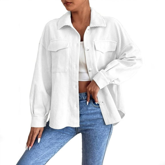 Stamzod Trendy Fall Fashion Women Corduroy Shirt Women Long Sleeve Shacket 2025 Business Casual Button Down Shirt Jacket White M
