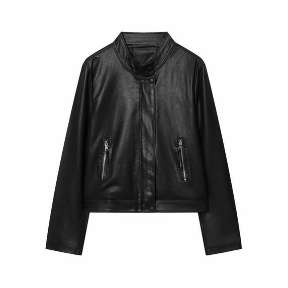 Stamzod Trendy Fall Fashion Women Leather Jackets Long Sleeve Stand Collar Bomber Jacket Women Motorcycle Outerwear Coats with Pocket Black F S