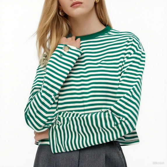 Stamzod Trendy Fall Fashion Women Shirts Casual Loose Striped Cropped Tops Crewneck Long Sleeve T Shirts for Women Green E XS
